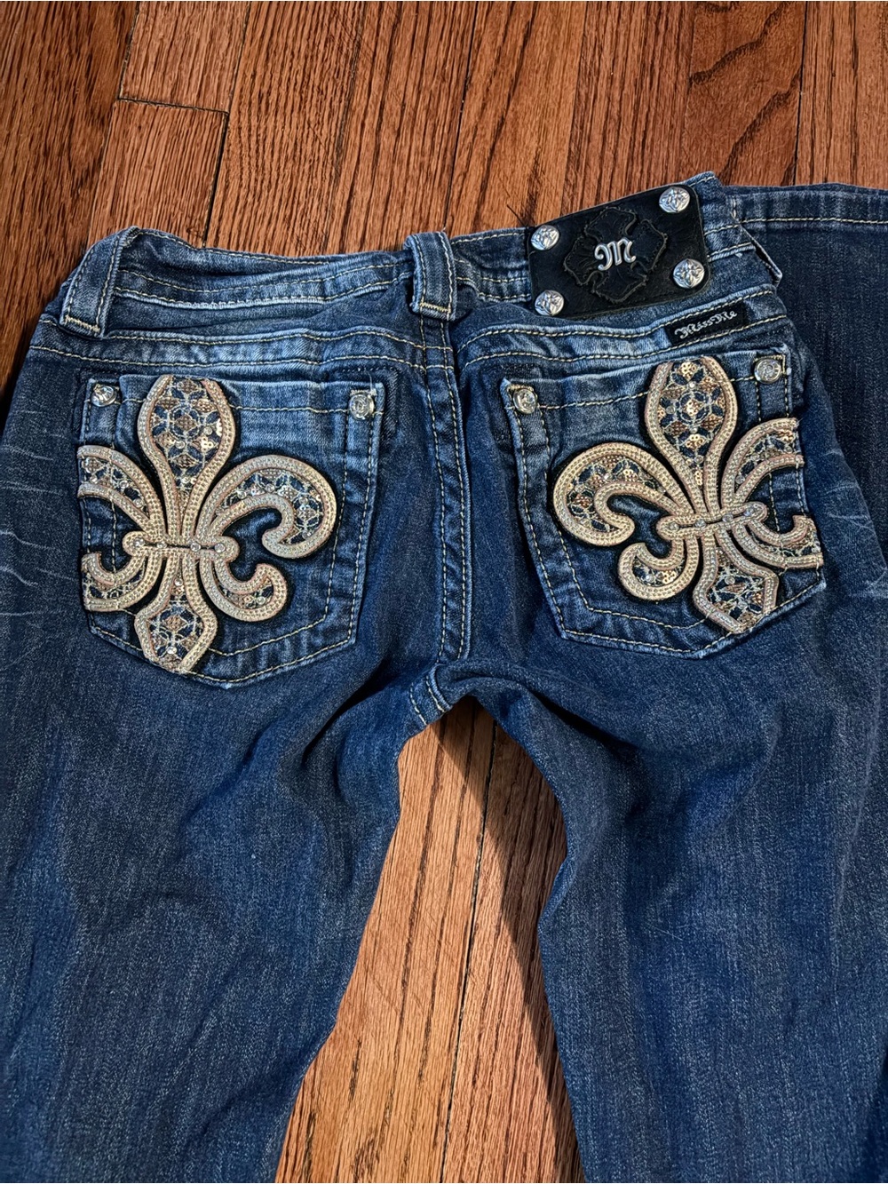 Miss Me Dark Blue Skinny Jeans with Gold Fleur-de-Lis Embroidery